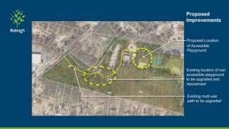 a map of Carolina Pines park with the labels of where the existing playground is and where the new playground and path will be