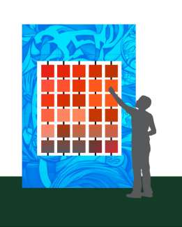 Illustration shows a figure interacting with red blocks that can turn.