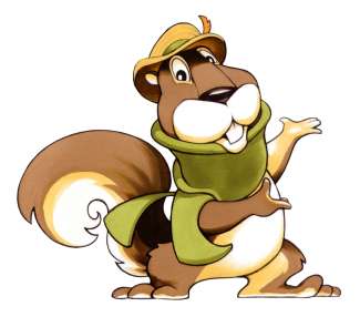 an illustration of a cartoon squirrel wearing a green hat and scarf