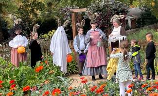A group of actors, young and adult, performing in an outdoor setting in pastel costumes.