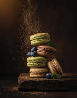 Five colorful macarons are stacked and balancing on one another with a few blueberries supporting them. Cocoa powder being sifted from the top is captured in stop-motion.