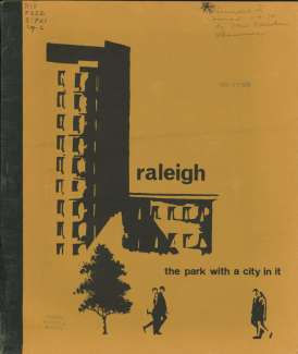 a book cover with the words "Raleigh, the park with a city in it"