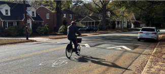 Bike rider near a speed cushion in road