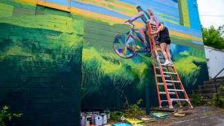 A woman on an orange ladder paints a colorful mural on a wall.