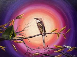 painting of a bird on a branch, alongside a camping tent, caterpillar and snail in the tree, all in front of a glowing sun in a purple sky 