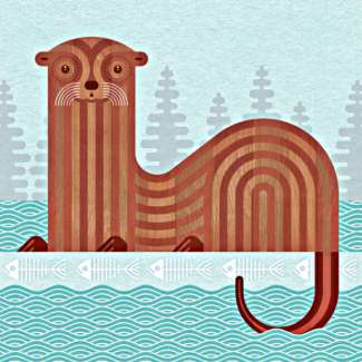 A graphic rendering of a brown otter in a teal colored setting of wavy water and pine trees. 